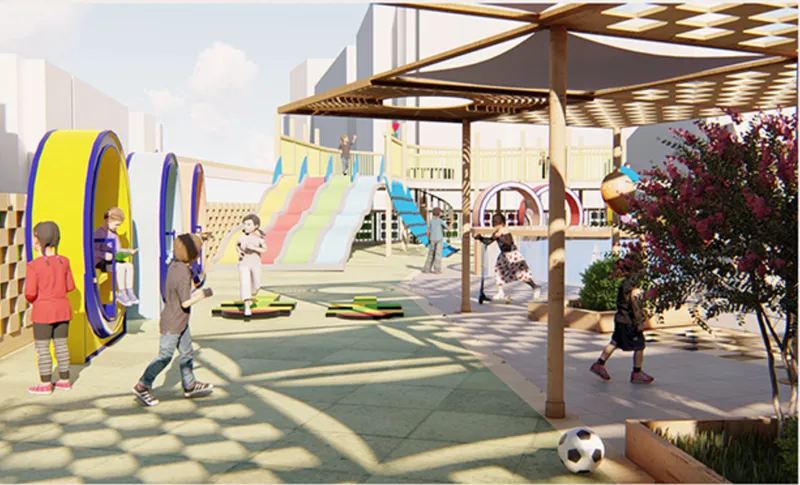 Outdoor play area with timber pergola overhead and playground equipment under afternoon sun