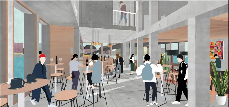 Interior perspective rendering of a double-height atrium with concrete columns and silhouetted figures at high-top tables