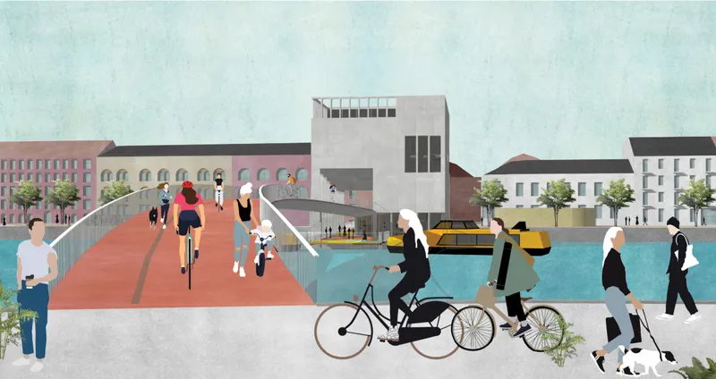 Perspective rendering showing a pedestrian bridge with cyclists crossing over a canal lined with mixed-use buildings