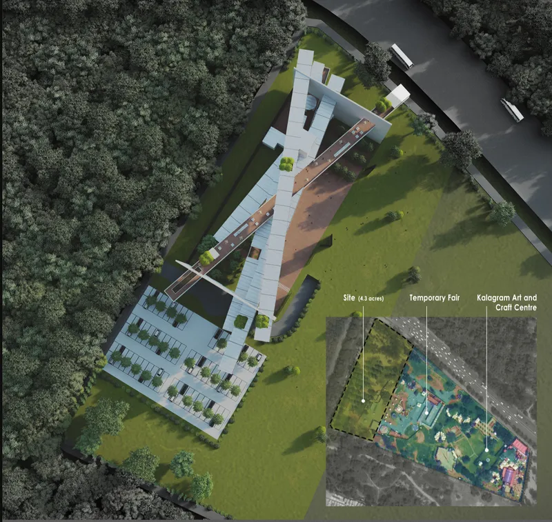 Aerial site plan rendering with white volumes arranged around green lawns and mature trees