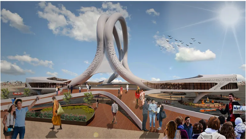 Ground-level view of the looping white structure with perforated surfaces and pedestrian bridges under a sunny sky