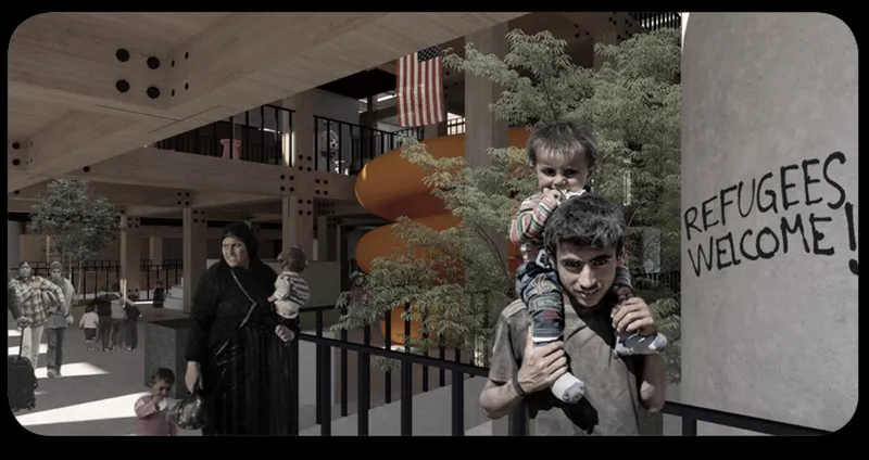 Rendered view of residents including children with planted trees in a central courtyard under concrete overhangs