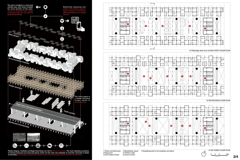 Exploded axonometric drawing and floor plans showing the layered structural and spatial organization of the housing complex