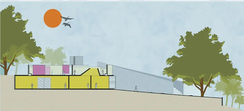 Section drawing showing a yellow volume embedded in sloped terrain with trees and an orange sun