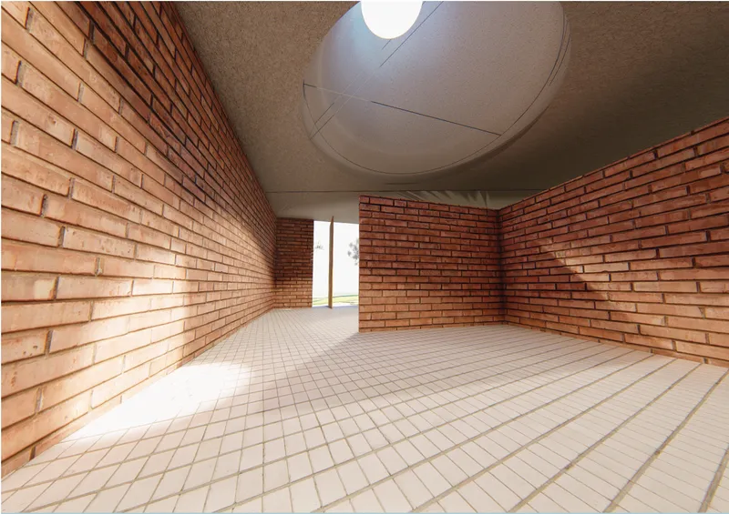 Interior corridor with red brick walls, white tile floor and a circular skylight overhead