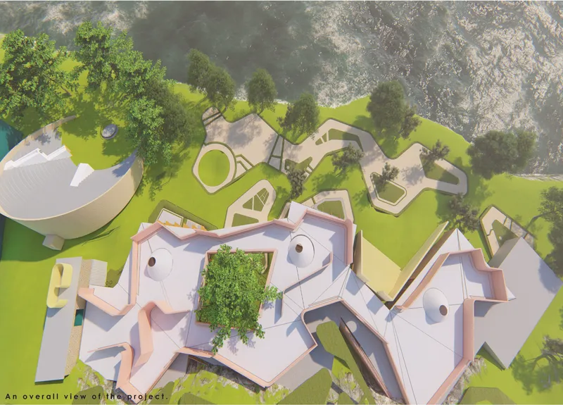 Top-down rendering showing interconnected white-roofed pavilions with planted courtyards amid green lawns