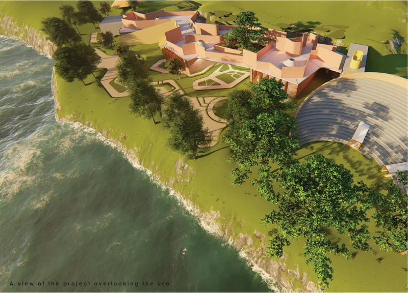 Aerial rendering of the clustered pink-roofed complex along the water's edge with surrounding trees
