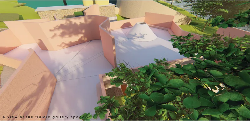 Rooftop view showing curved white volumes with circular openings and dappled tree shadows