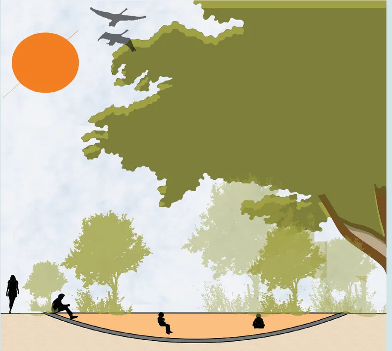 Section drawing of a curved amphitheater with figures seated under tree canopies and an orange sun