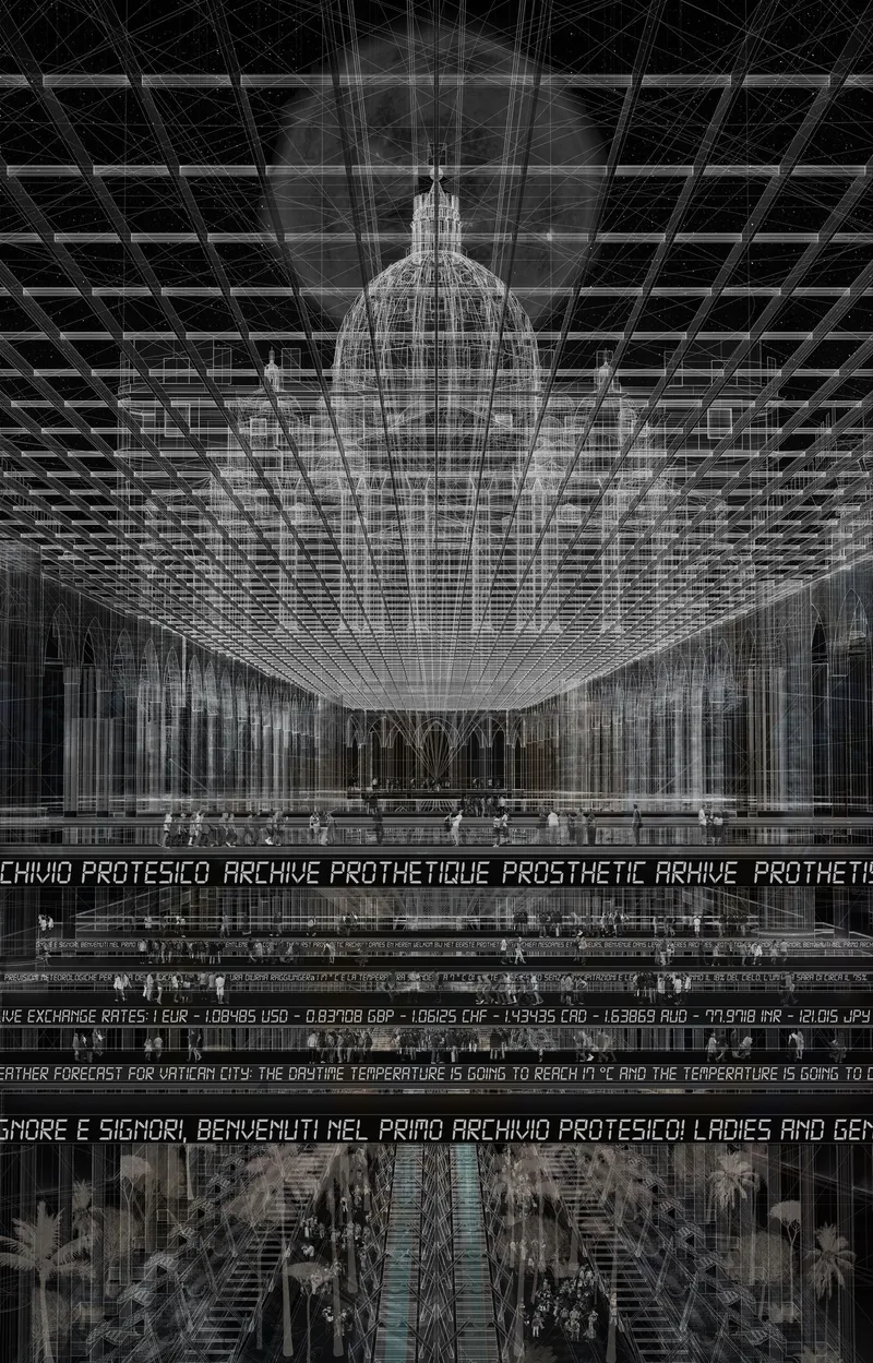 Sectional perspective rendering with wireframe grid overlay and domed structure suspended above interior space