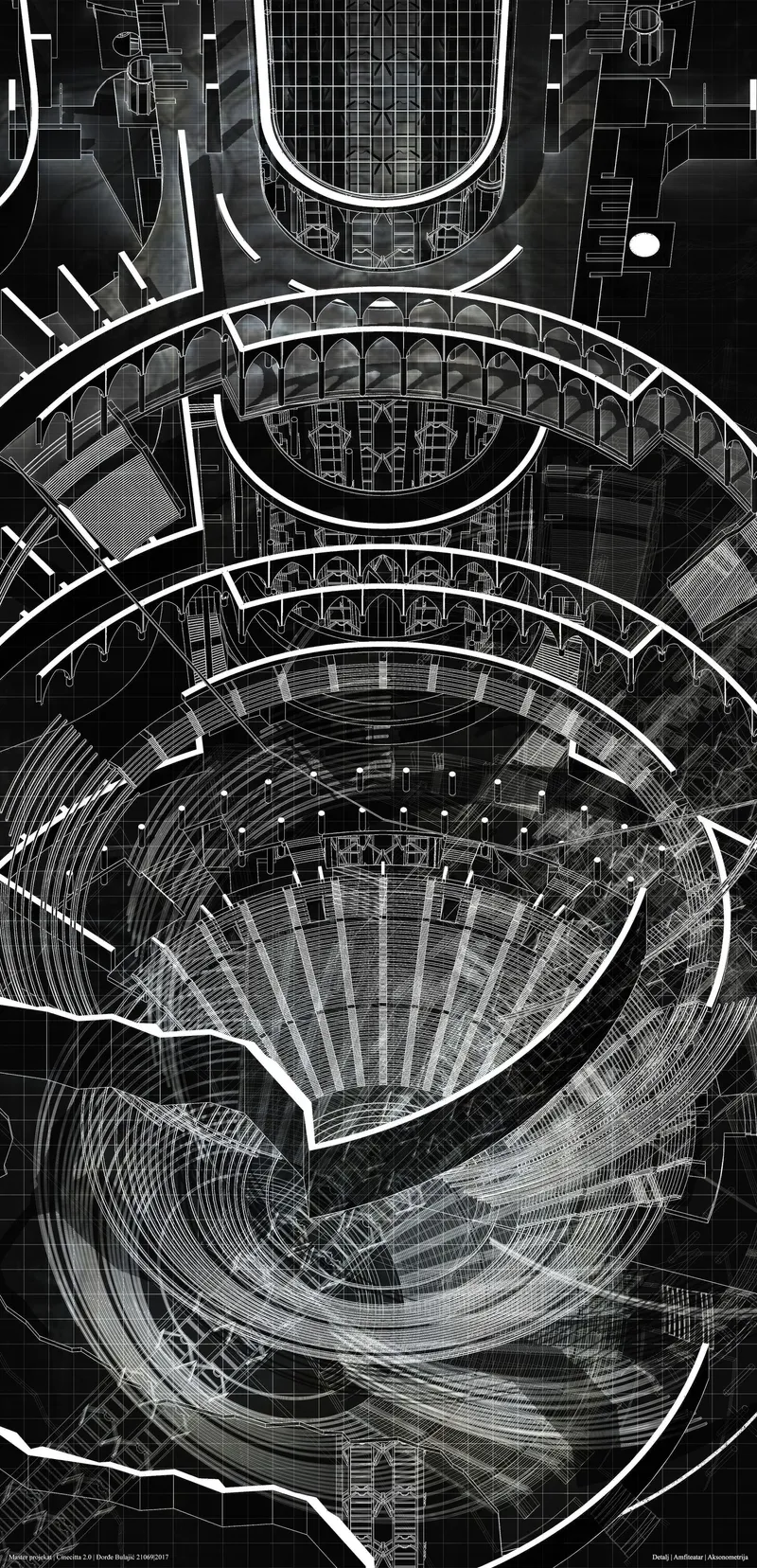 Axonometric wireframe drawing showing nested curved levels spiraling around a central void