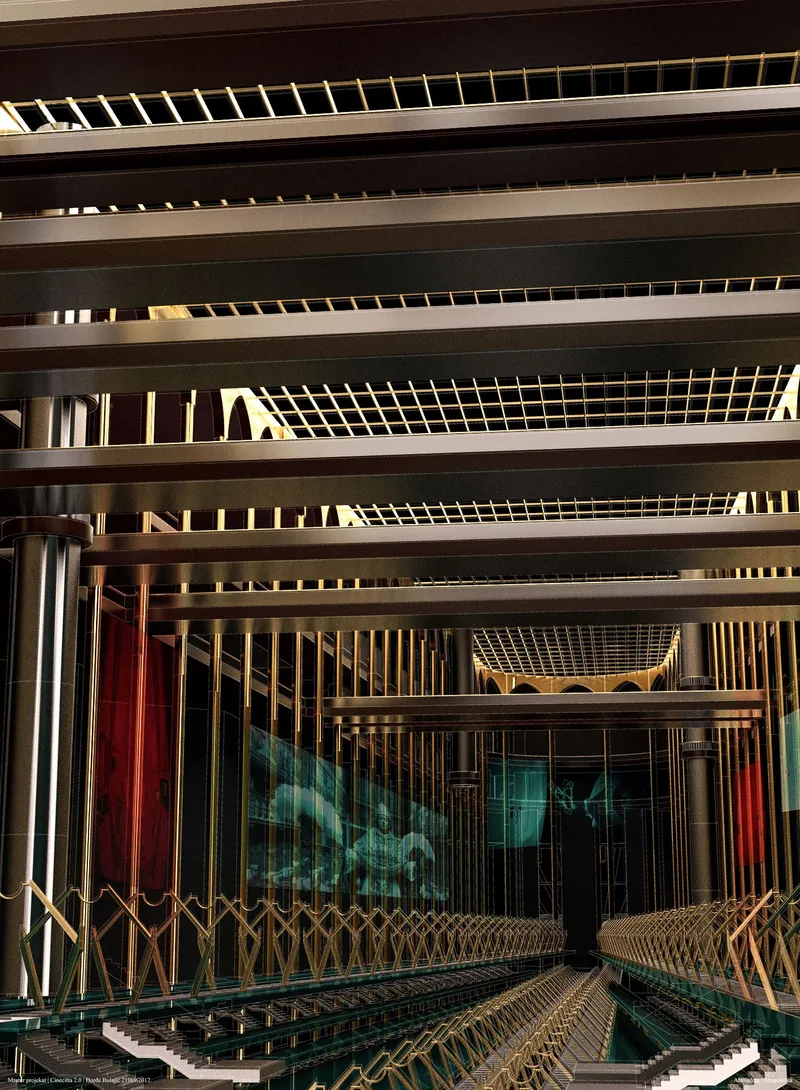 Interior view through horizontal timber louvers with coloured glass panels beyond in warm light