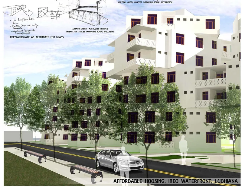 Rendered street view of white multi-story residential blocks with perforated balconies and street trees