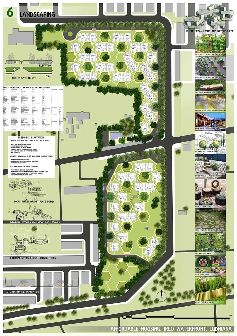 Site plan drawing showing hexagonal clusters of residential buildings surrounded by landscaping and streets