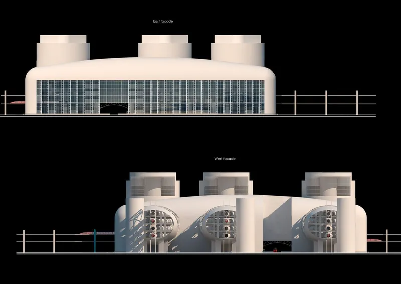 Elevation drawings showing east and west facades with cylindrical towers and glazed curtain wall systems