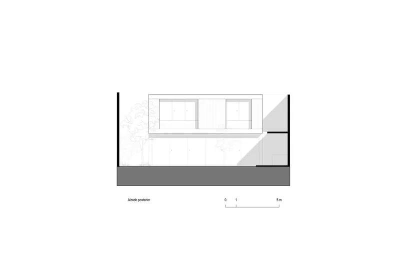 Elevation drawing showing the cantilevered upper volume with vertical cladding above a recessed ground floor