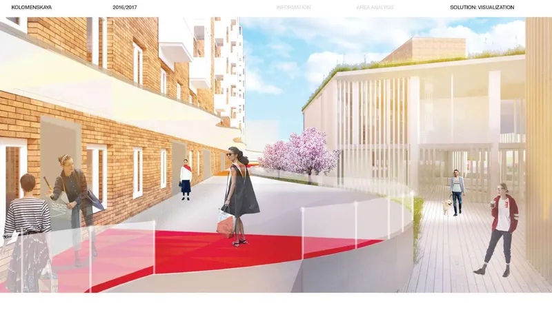 Pedestrian street with red surface treatment connecting brick residential buildings and a vertical slatted pavilion