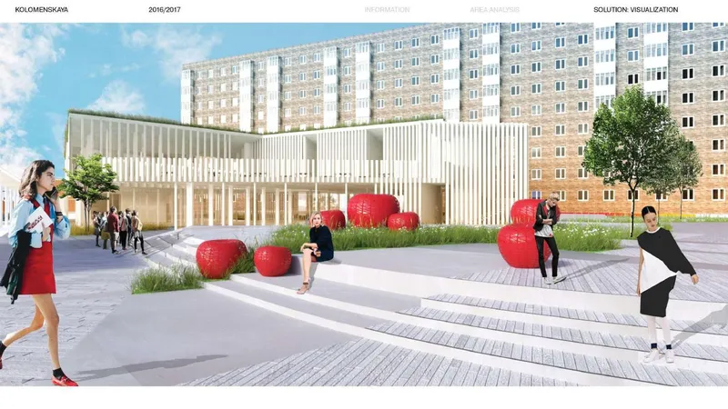 Public plaza with vertical white slatted facade building and red spherical seating elements scattered among planted beds