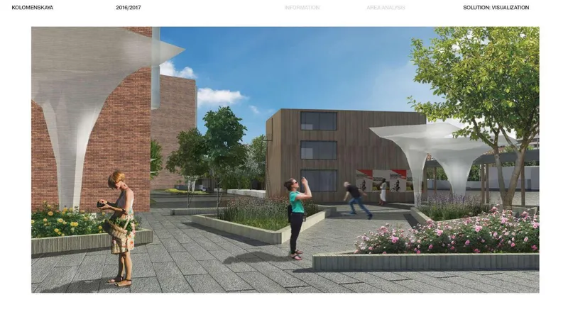 Rendering of plaza with sculptural white columns, flowering planters, and people under blue sky
