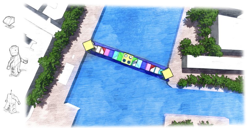 Aerial view of two blue roof volumes connected by a multicolored glazed bridge over a waterway