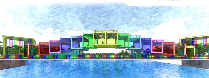 Pool-side elevation showing the facade of multicolored glass panels reflecting in the water