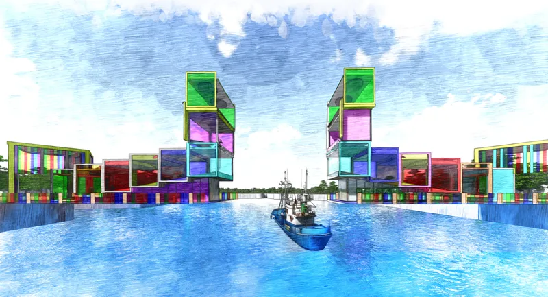 View from the water showing two tall glass volumes flanking a boat in the canal