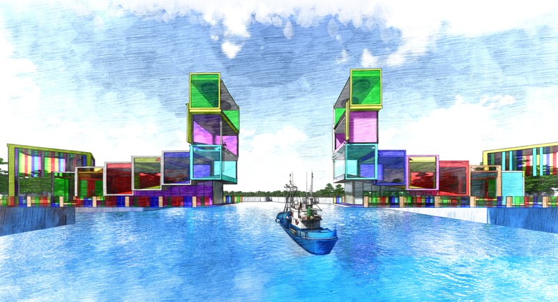 View from the water showing two tall glass volumes flanking a boat in the canal
