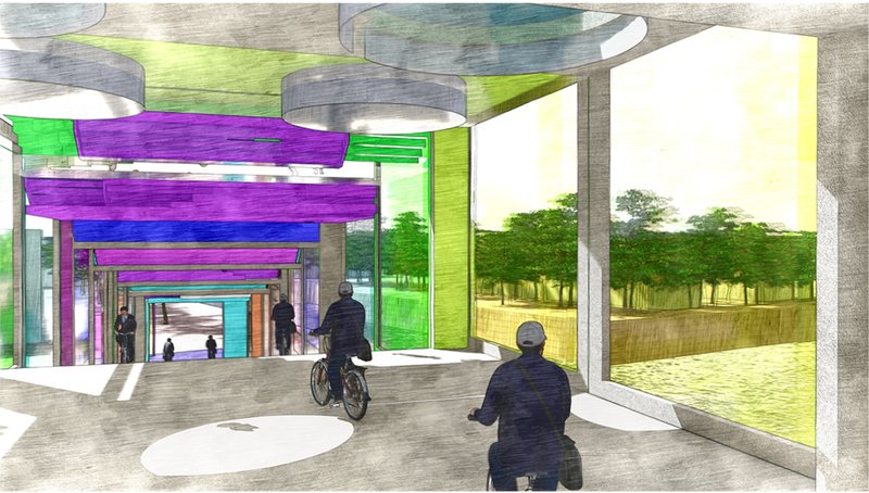 Interior perspective of the corridor with cyclists passing beneath colored glass ceiling panels