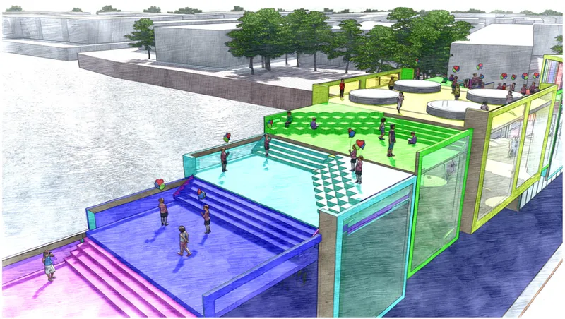 Stepped plaza with colored glass terraces where figures gather on multiple levels