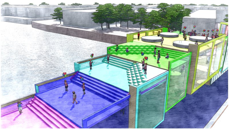 Stepped plaza with colored glass terraces where figures gather on multiple levels