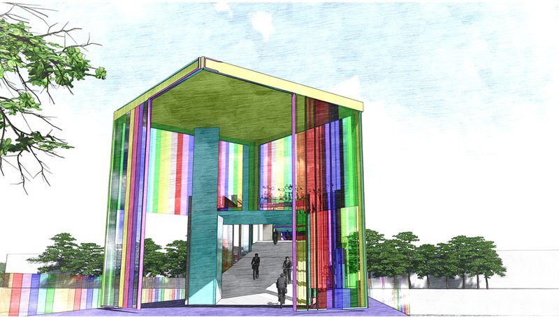 Perspective rendering of a pavilion structure with multicolored vertical panels beneath a green gabled roof