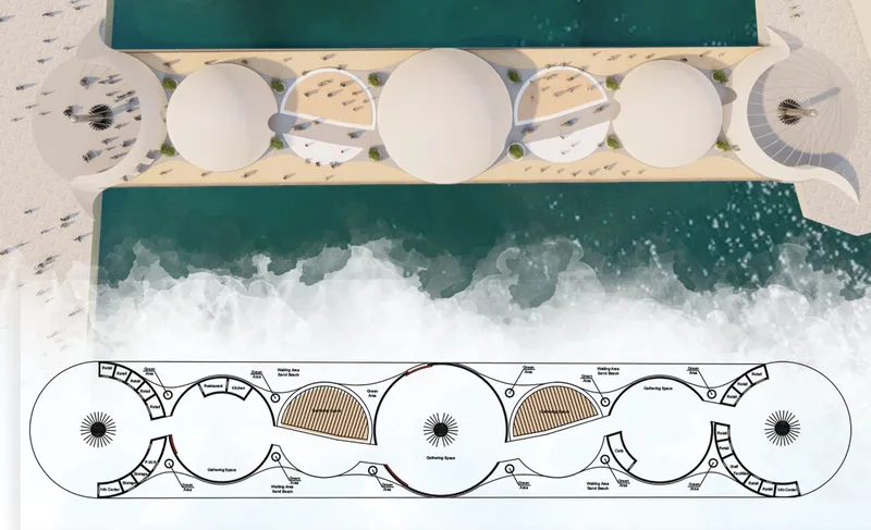 Top-down view of circular pavilions along a waterfront with waves lapping at the edge