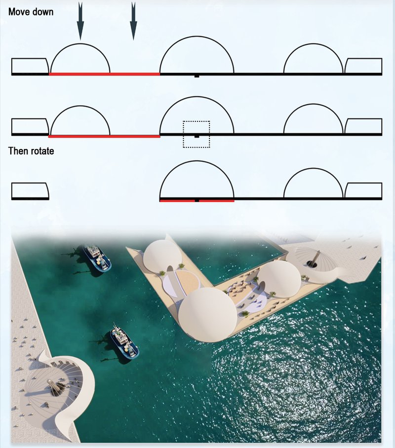 Aerial view of rotating pavilion modules spanning a turquoise channel with boats passing below
