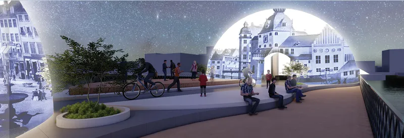 Nighttime rendering of a public plaza with pedestrians gathered beneath illuminated dome structures