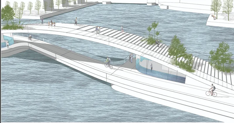 Rendering of a curved bridge with steps and planted trees spanning water with cyclists and pedestrians