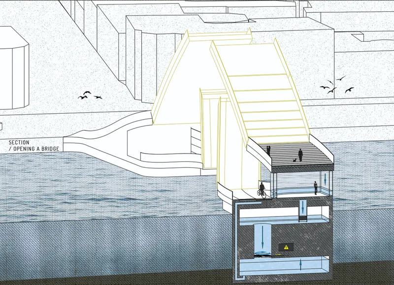 Section drawing depicting the bridge in open configuration revealing the internal mechanical and viewing spaces