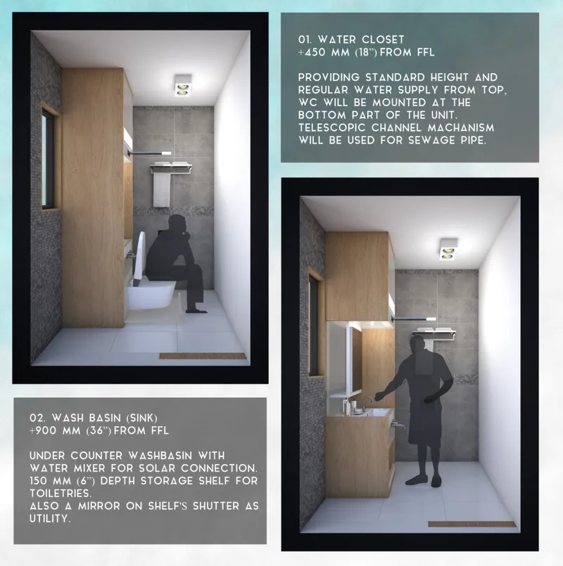 Rendering of a compact bathroom showing wood cabinetry and grey tile with a silhouette figure