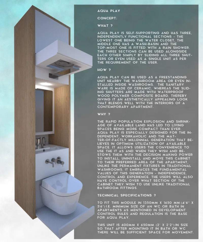 Axonometric view of a modular bathroom unit with timber and ceramic finishes