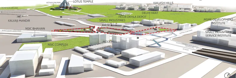 Axonometric diagram showing massing and circulation routes across the development site