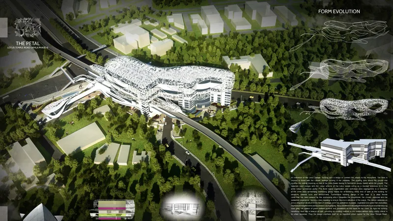 Aerial rendering of the petal-shaped complex surrounded by green parkland and roadways