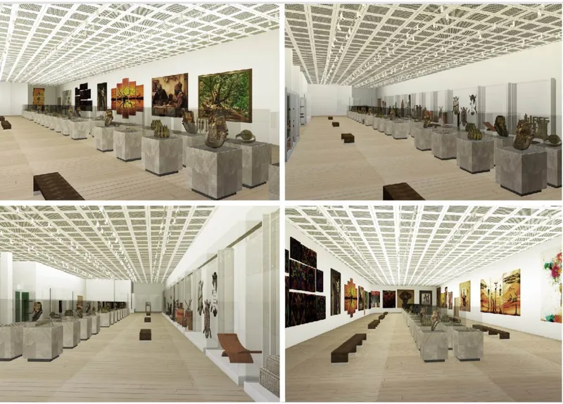 Four rendering views showing gallery spaces with coffered ceilings, concrete plinths, and artwork on white walls