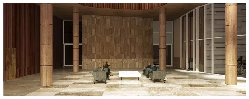 Seating area with upholstered chairs and wrapped cylindrical columns beneath a patterned woven ceiling
