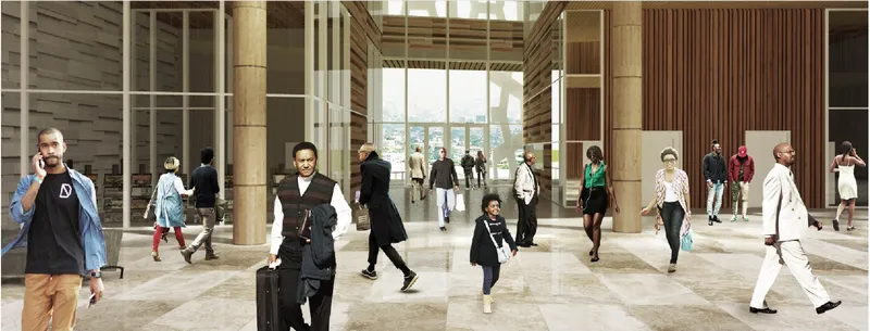 Ground floor entrance hall with visitors moving across stone flooring between wrapped columns and timber screens