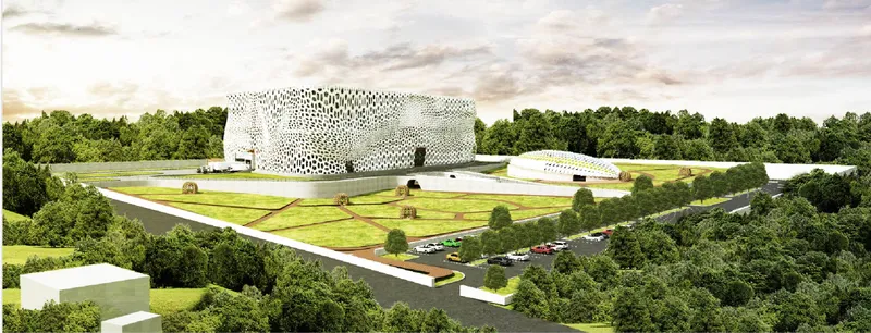 Perforated white box volume set within a landscaped lawn surrounded by dense forest under cloudy skies