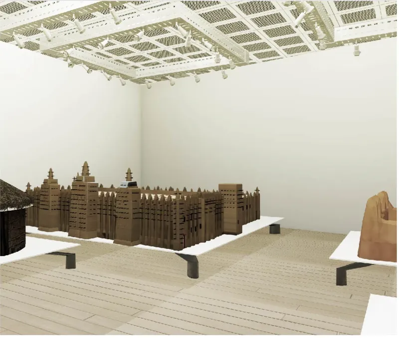 Physical model of a mud-brick structure with towers on a timber deck beneath a geometric ceiling grid