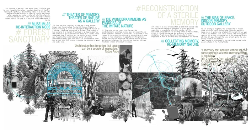 Mixed media board layering forest scenes, human silhouettes, architectural vignettes, and blue diagrammatic elements