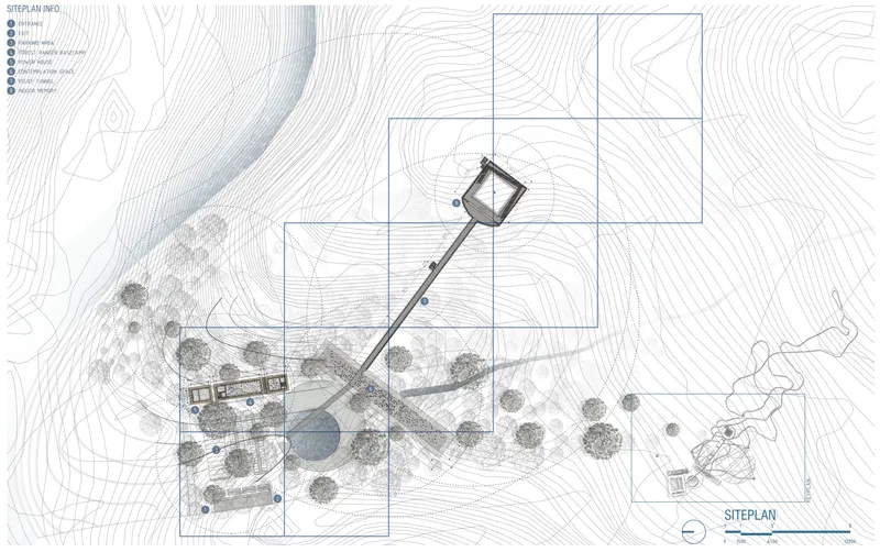 Site plan drawing with contour lines, scattered tree clusters, and a diagonal pathway connecting two structures