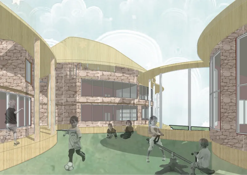 Interior perspective rendering of children playing in a double-height space with stone walls and curved bamboo ceiling