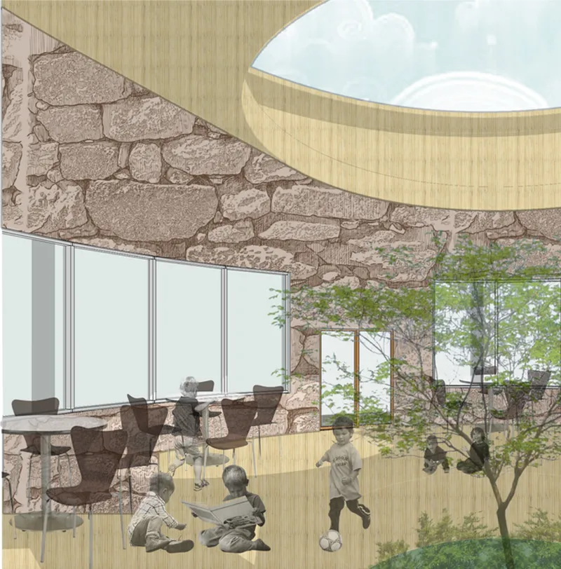 Section perspective showing stone wall meeting bamboo-clad curved ceiling above interior courtyard with planted tree
