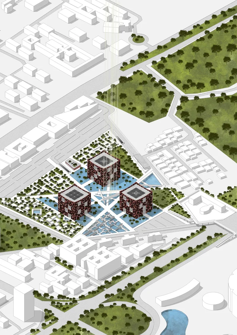 Axonometric rendering showing three tower volumes arranged around diagonal pathways with water features and landscaped green spaces